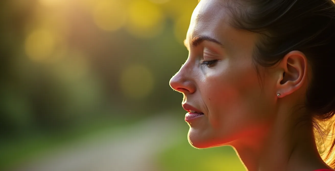 Primo piano del profilo di un corridore che respira solo attraverso il naso durante una corsa lenta