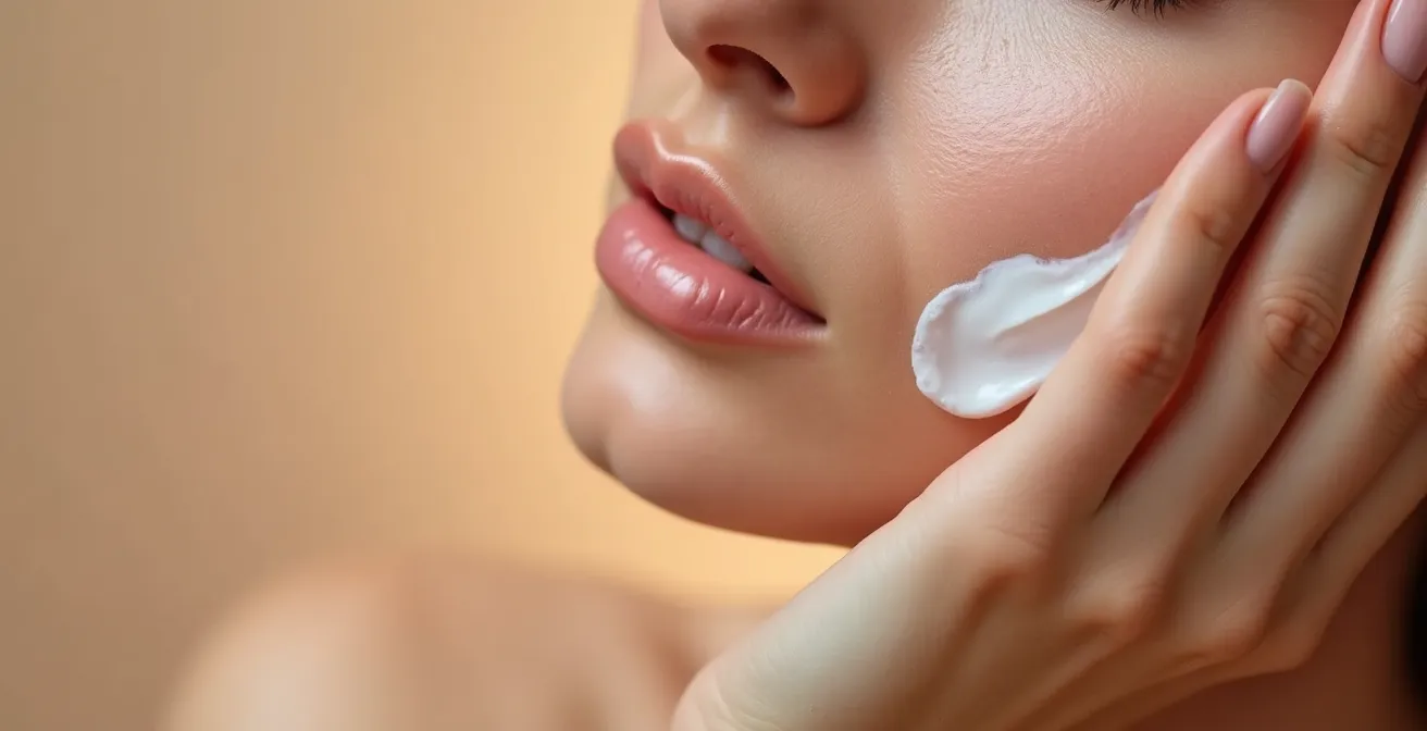 Primo piano di mani femminili che applicano crema su guancia con texture stratificata visibile