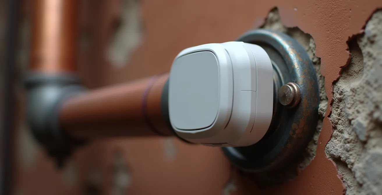 Dettaglio macro di sensori wireless IoT installati su impianto di riscaldamento vintage in edificio storico italiano