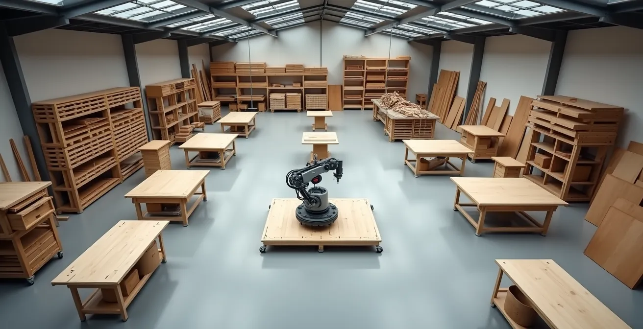 Vista dall'alto di un laboratorio di falegnameria con cobot operativo e spazi di lavoro ottimizzati