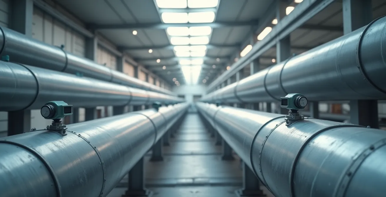 Vista wide di sistema HVAC industriale con sensori di pressione installati sui condotti di ventilazione