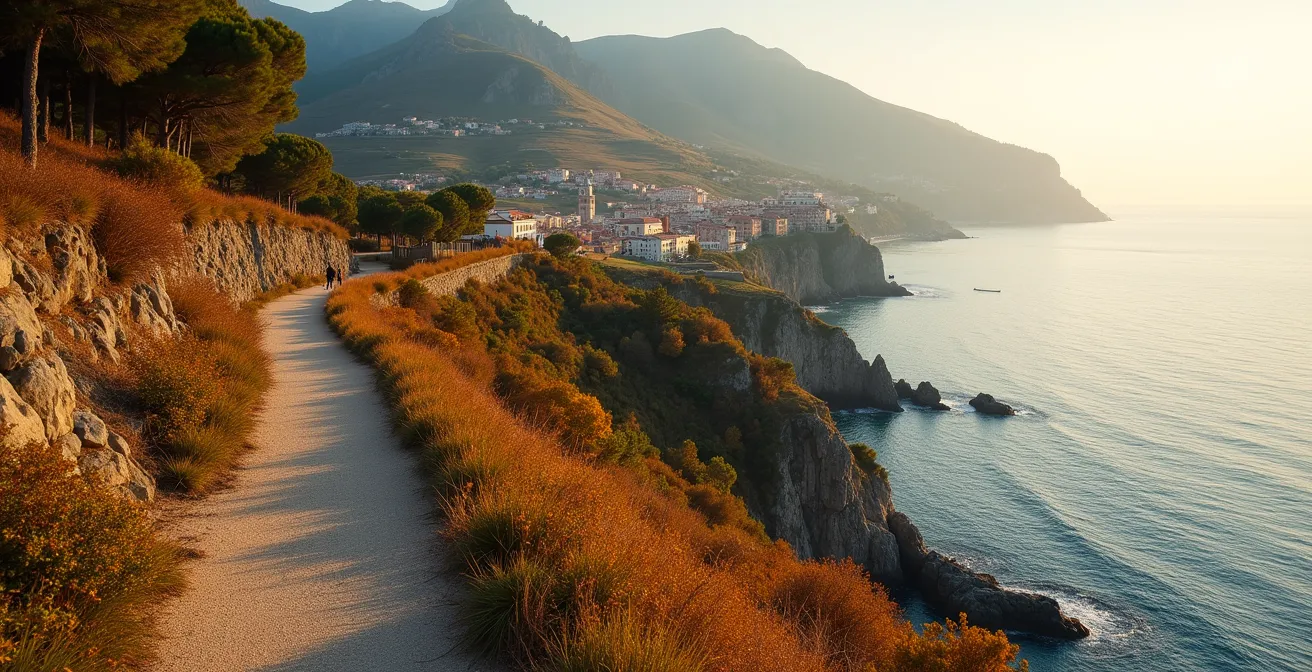 Sentiero costiero delle Cinque Terre in autunno, vuoto e illuminato dalla luce dorata del tramonto.