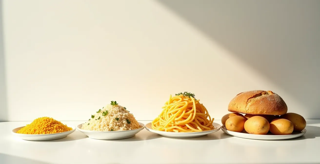 Schema visivo del tapering nutrizionale progressivo per maratoneti che mostra un aumento graduale di cibi come pasta e riso a fronte di un allenamento ridotto.