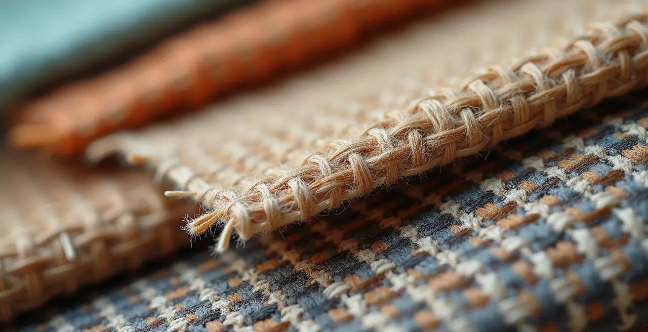 Dettaglio macro di tessuto riciclato autentico con texture visibile