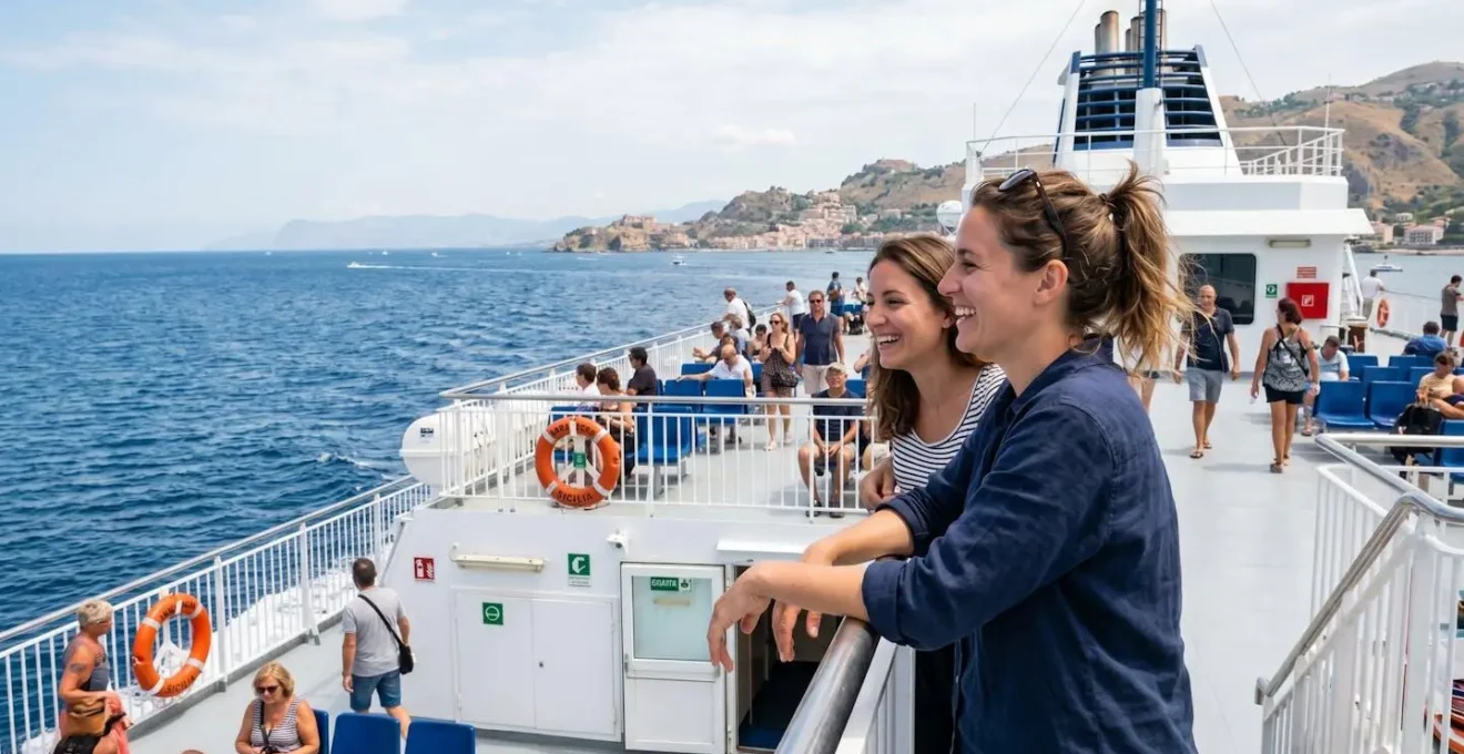 Due passeggeri in piedi sul ponte esterno di un traghetto moderno guardano il mare durante una traversata diurna nel Mediterraneo