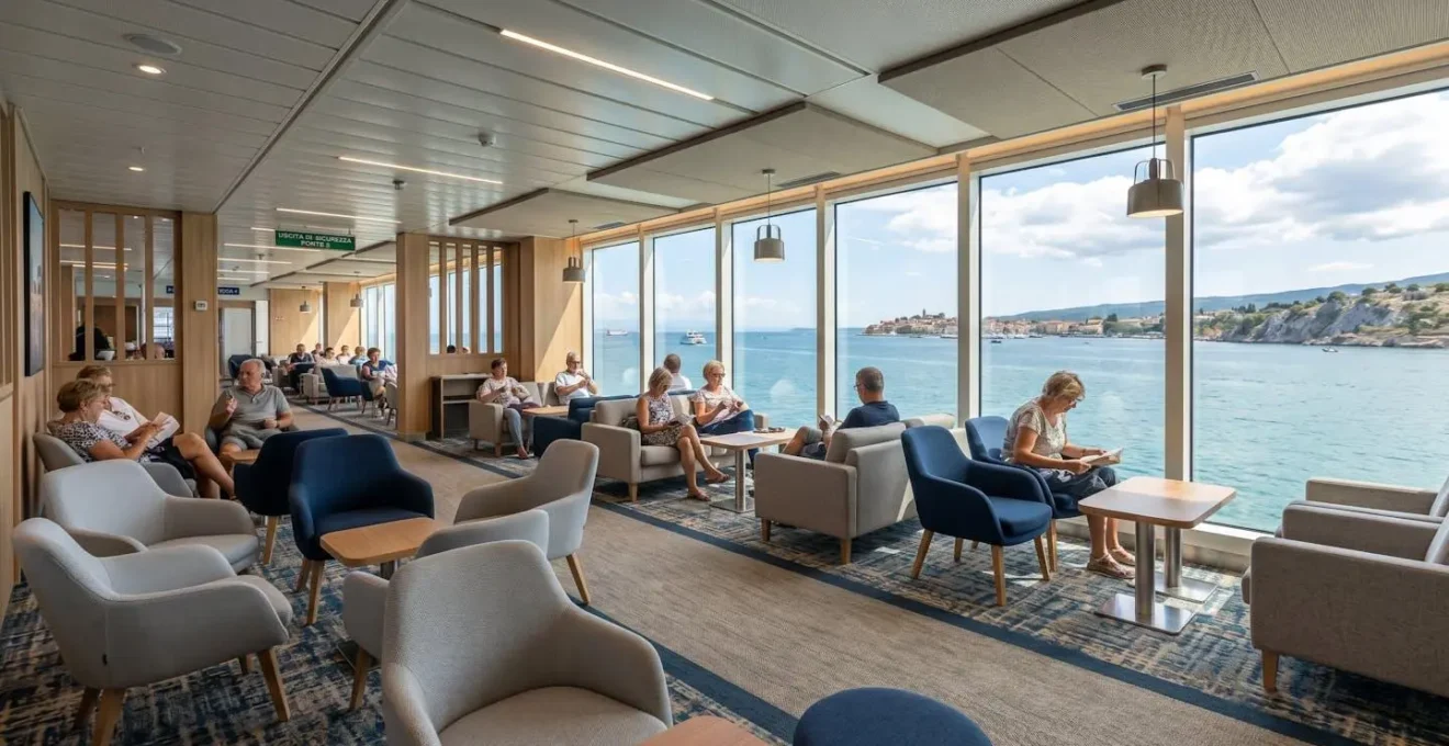 Vista ampia di un salone relax interno di un traghetto moderno con poltrone confortevoli, grandi finestre che mostrano il mare e luce naturale abbondante
